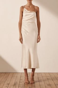 Shona Joy LA LUNE ASYMMETRICAL BIAS COWL MIDI DRESS - CREAM DRESSES