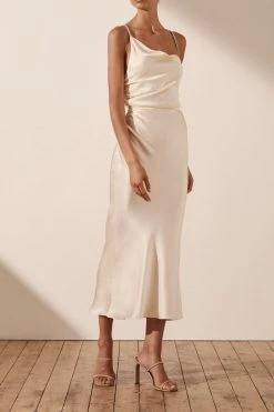 Shona Joy LA LUNE ASYMMETRICAL BIAS COWL MIDI DRESS - CREAM DRESSES
