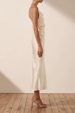 Shona Joy LA LUNE ASYMMETRICAL BIAS COWL MIDI DRESS - CREAM DRESSES