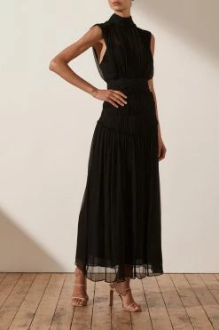 Shona Joy CLEMENCE HIGH NECK MIDI DRESS - BLACK