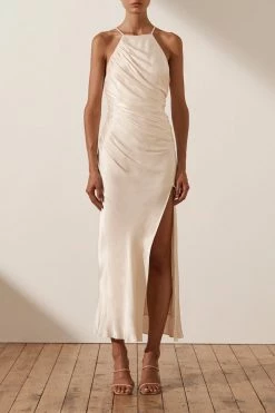 Shona Joy DRESSES LA LUNE GATHERED SQUARE NECK BIAS MIDI DRESS - CREAM