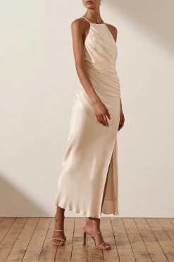 Shona Joy DRESSES LA LUNE GATHERED SQUARE NECK BIAS MIDI DRESS - CREAM