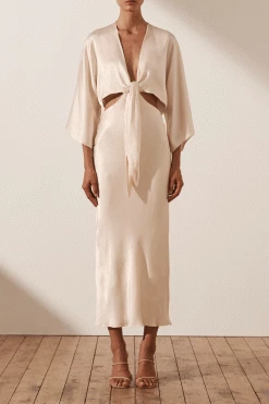 Shona Joy LA LUNE TIE FRONT BIAS MIDI DRESS - CREAM
