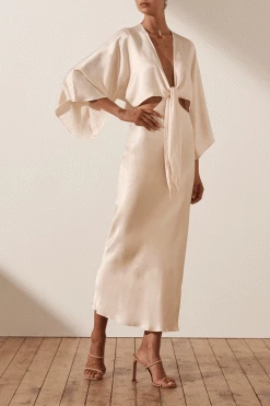 Shona Joy LA LUNE TIE FRONT BIAS MIDI DRESS - CREAM
