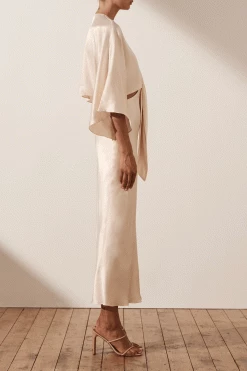 Shona Joy LA LUNE TIE FRONT BIAS MIDI DRESS - CREAM