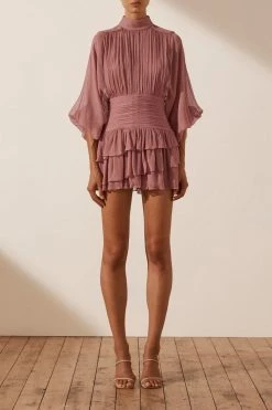 Shona Joy DRESSES OLYMPIA LONG SLEEVE RUCHED MINI DRESS - ANTIQUE ROSE