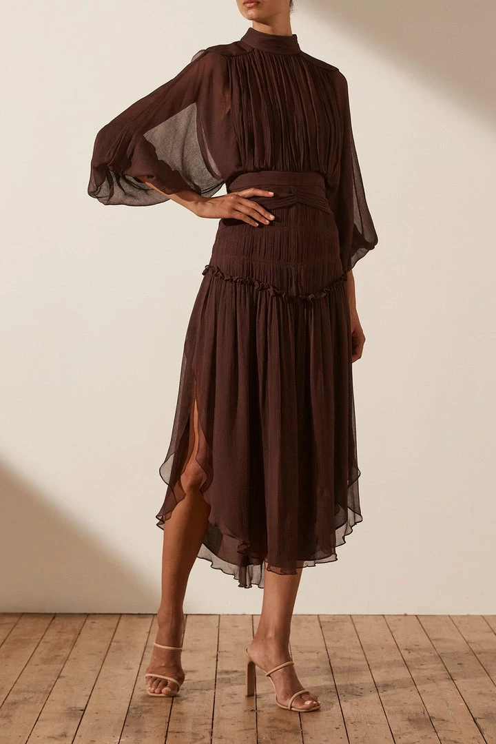 Shona Joy DRESSES OLYMPIA LONG SLEEVE OPEN BACK MIDI DRESS - CHOCOLATE