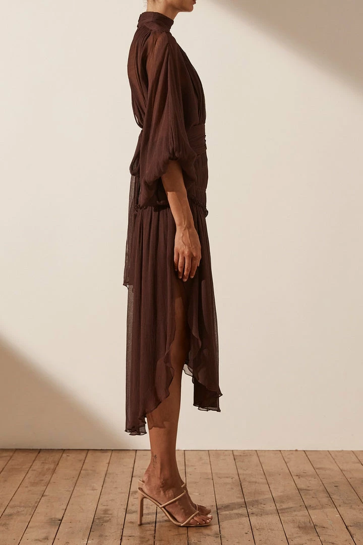 Shona Joy DRESSES OLYMPIA LONG SLEEVE OPEN BACK MIDI DRESS - CHOCOLATE