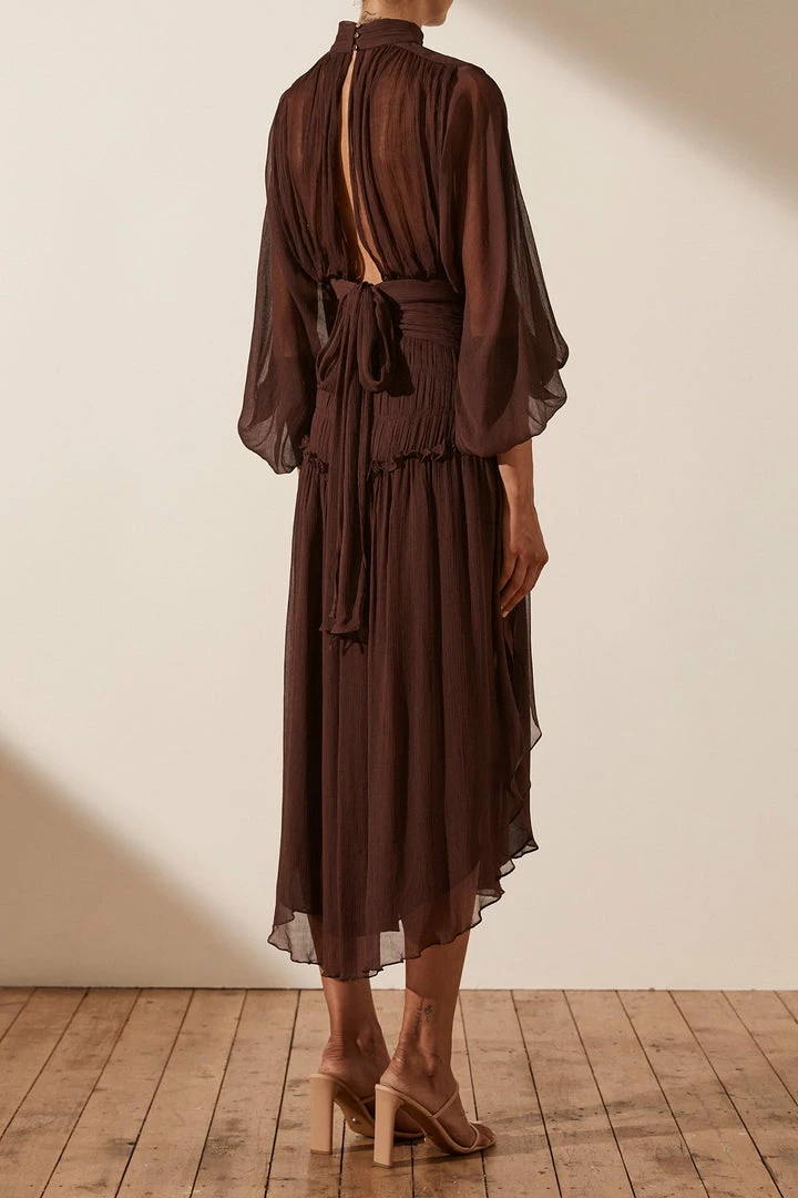 Shona Joy DRESSES OLYMPIA LONG SLEEVE OPEN BACK MIDI DRESS - CHOCOLATE