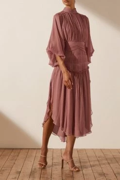 Shona Joy OLYMPIA LONG SLEEVE OPEN BACK MIDI DRESS - ANTIQUE ROSE DRESSES