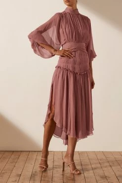 Shona Joy OLYMPIA LONG SLEEVE OPEN BACK MIDI DRESS - ANTIQUE ROSE DRESSES