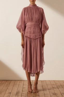 Shona Joy OLYMPIA LONG SLEEVE OPEN BACK MIDI DRESS - ANTIQUE ROSE DRESSES