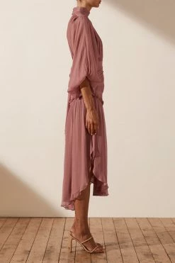 Shona Joy OLYMPIA LONG SLEEVE OPEN BACK MIDI DRESS - ANTIQUE ROSE DRESSES
