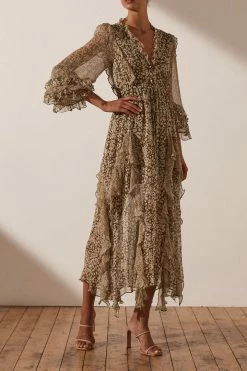 Shona Joy DRESSES CLAUDETTE BALLOON SLEEVE FRILL MIDI DRESS