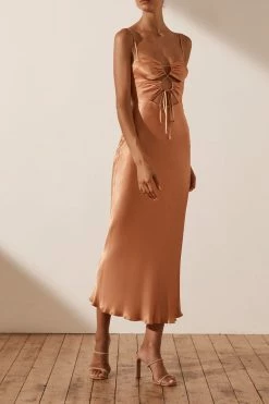 Shona Joy ELOISE LACE UP MIDI DRESS - CARAMEL