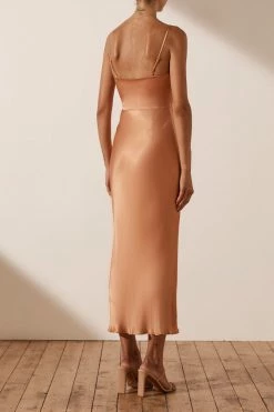 Shona Joy ELOISE LACE UP MIDI DRESS - CARAMEL