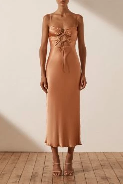 Shona Joy ELOISE LACE UP MIDI DRESS - CARAMEL