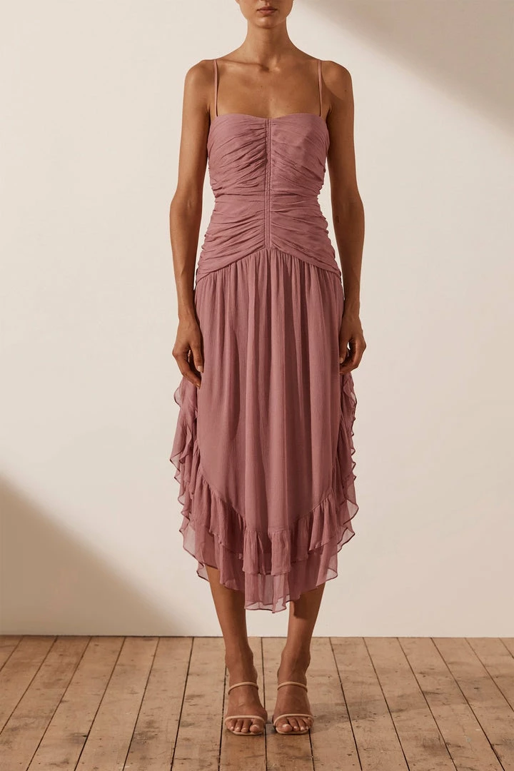 Shona Joy OLYMPIA RUCHED MIDI DRESS - ANTIQUE ROSE DRESSES