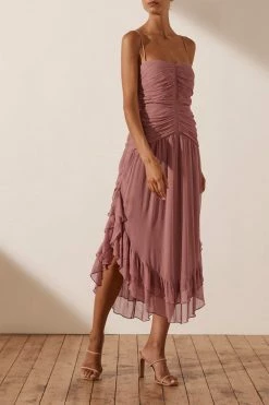 Shona Joy OLYMPIA RUCHED MIDI DRESS - ANTIQUE ROSE DRESSES