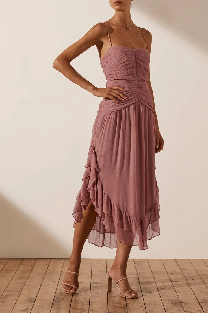 Shona Joy OLYMPIA RUCHED MIDI DRESS - ANTIQUE ROSE DRESSES