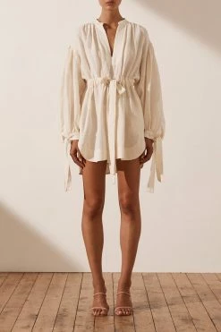 Shona Joy BRIGITTE LINEN BALLOON SLEEVE MINI DRESS - TOFU