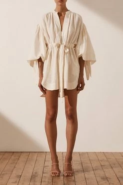 Shona Joy BRIGITTE LINEN BALLOON SLEEVE MINI DRESS - TOFU