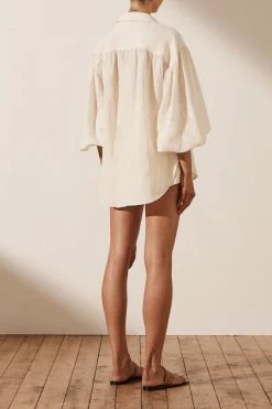 Shona Joy TOPS BRIGITTE LINEN BALLOON SLEEVE BUTTON UP SHIRT - TOFU