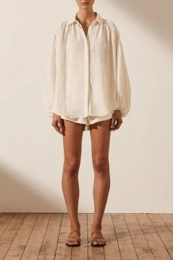 Shona Joy TOPS BRIGITTE LINEN BALLOON SLEEVE BUTTON UP SHIRT - TOFU