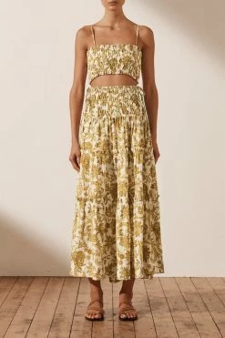 Shona Joy SAFFRON SHIRRED TIERED MIDI SKIRT