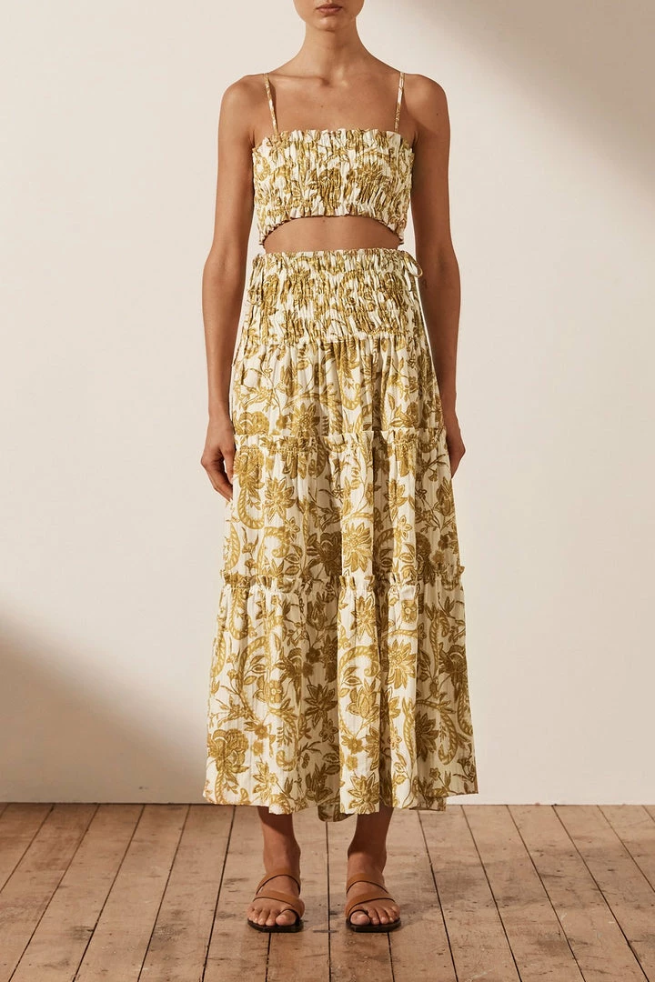 Shona Joy SAFFRON SHIRRED TIERED MIDI SKIRT