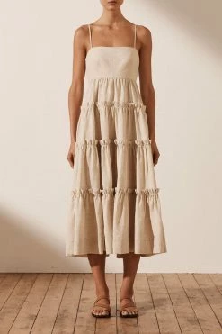 Shona Joy FIONA OPEN BACK TIERED MIDI DRESS - OATMEAL