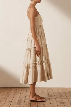 Shona Joy FIONA OPEN BACK TIERED MIDI DRESS - OATMEAL