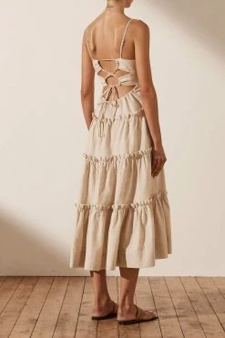 Shona Joy FIONA OPEN BACK TIERED MIDI DRESS - OATMEAL