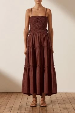 Shona Joy KAIA SHIRRED TIERED MIDI DRESS - CHOCOLATE