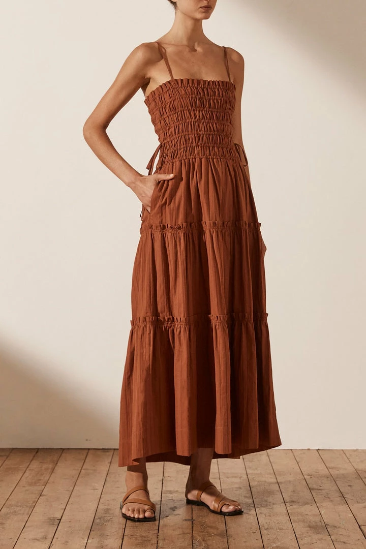 Shona Joy KAIA SHIRRED TIERED MIDI DRESS - PAPRIKA DRESSES