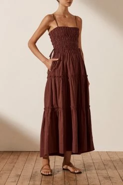 Shona Joy KAIA SHIRRED TIERED MIDI DRESS - CHOCOLATE