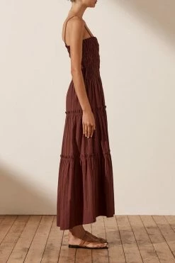 Shona Joy KAIA SHIRRED TIERED MIDI DRESS - CHOCOLATE