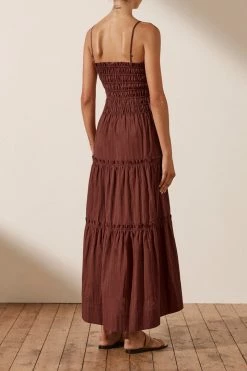 Shona Joy KAIA SHIRRED TIERED MIDI DRESS - CHOCOLATE