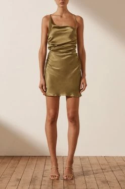 Shona Joy DRESSES ALMA ASYMMETRICAL BIAS COWL MINI DRESS - CUMIN