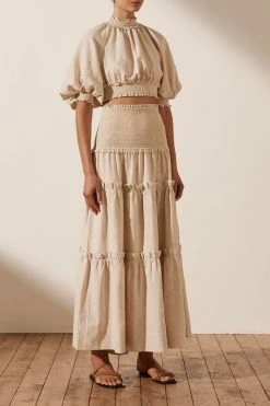 Shona Joy TOPS FIONA BALLOON SLEEVE SHIRRED CROP TOP - OATMEAL