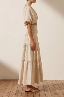 Shona Joy TOPS FIONA BALLOON SLEEVE SHIRRED CROP TOP - OATMEAL