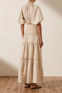 Shona Joy TOPS FIONA BALLOON SLEEVE SHIRRED CROP TOP - OATMEAL