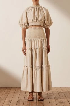 Shona Joy TOPS FIONA BALLOON SLEEVE SHIRRED CROP TOP - OATMEAL