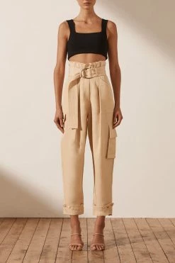 Shona Joy MATILDA LINEN UTILITY PAPERBAG PANT - PEANUT BUTTER SHORTS & PANTS