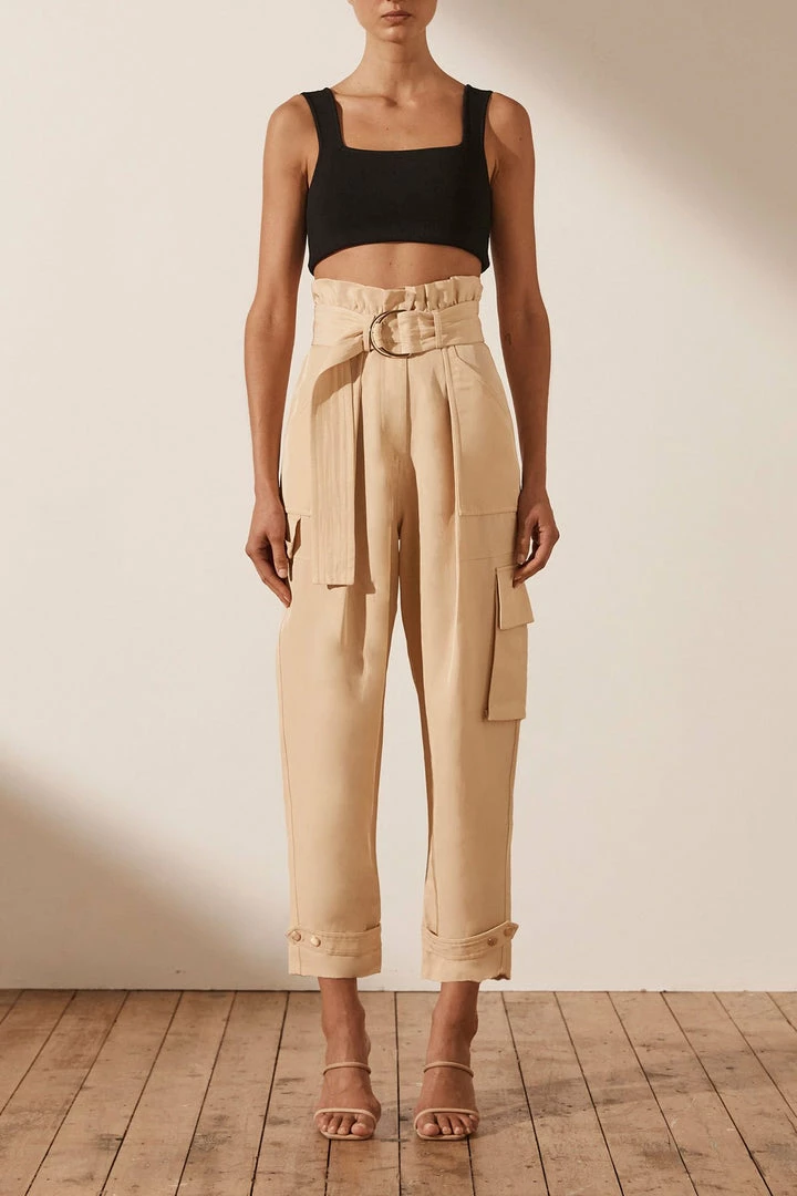Shona Joy MATILDA LINEN UTILITY PAPERBAG PANT - PEANUT BUTTER SHORTS & PANTS