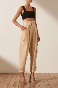 Shona Joy MATILDA LINEN UTILITY PAPERBAG PANT - PEANUT BUTTER SHORTS & PANTS