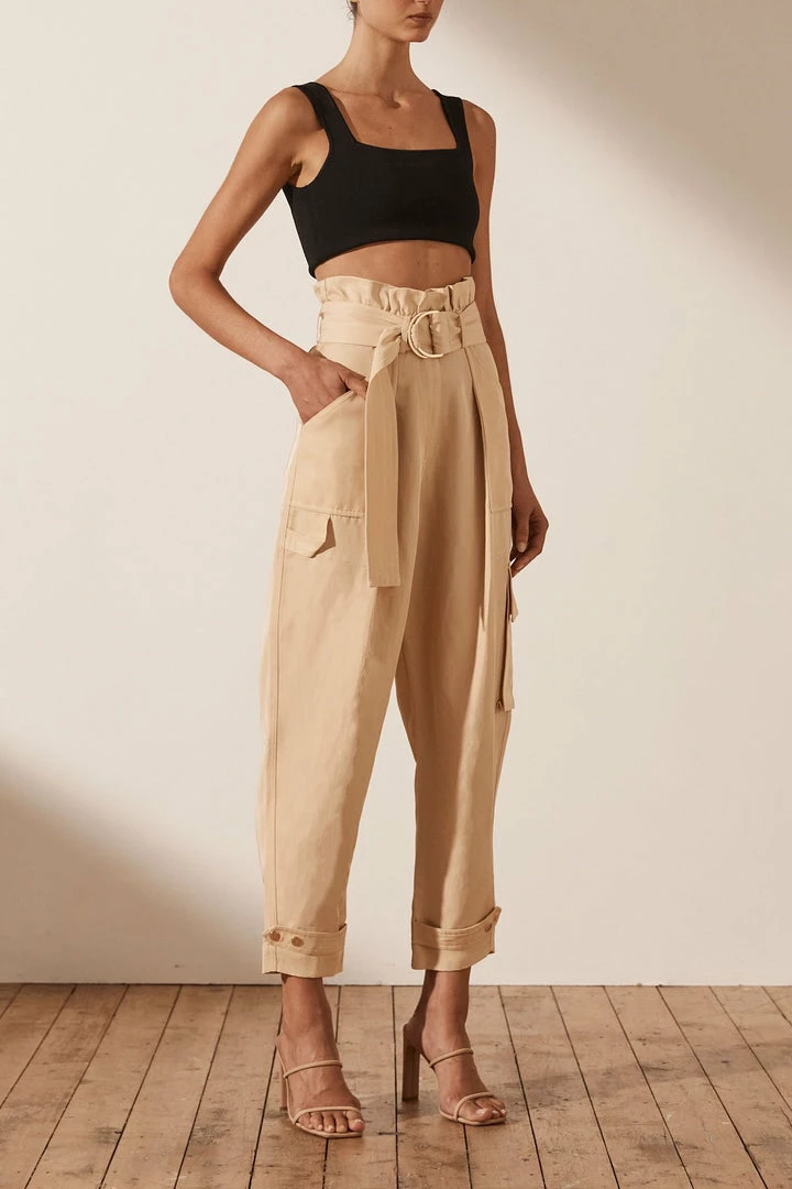 Shona Joy MATILDA LINEN UTILITY PAPERBAG PANT - PEANUT BUTTER SHORTS & PANTS