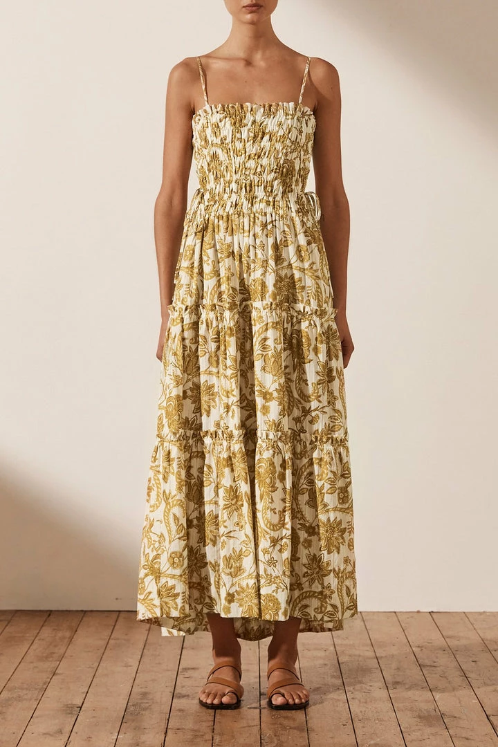 Shona Joy SAFFRON SHIRRED TIERED MIDI DRESS