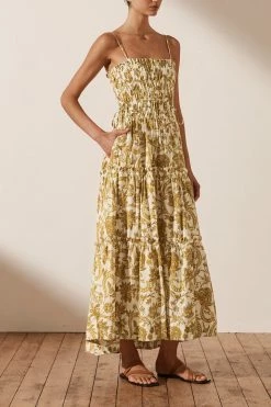 Shona Joy SAFFRON SHIRRED TIERED MIDI DRESS