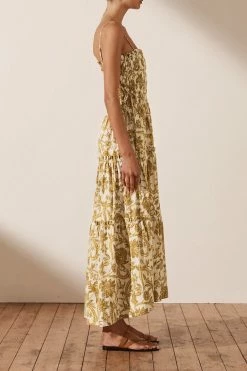 Shona Joy SAFFRON SHIRRED TIERED MIDI DRESS